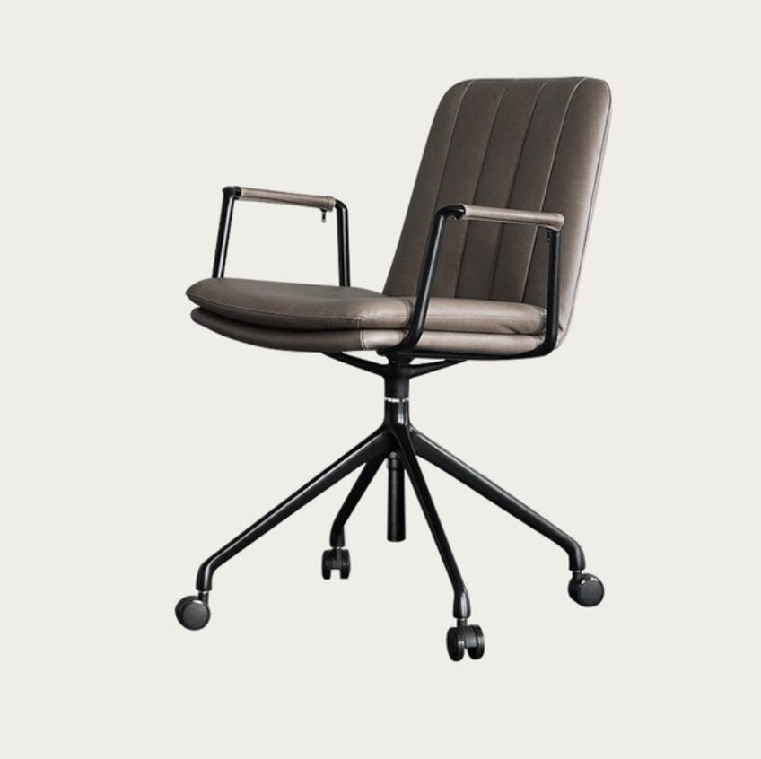 Grey leather office chair with rollers.